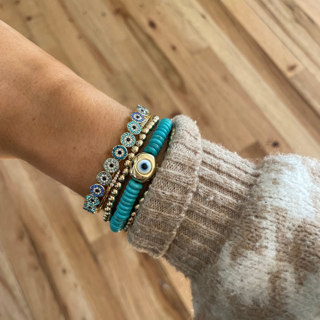 Demon Eye Natural Turquoise 8mm Round Bead Bracelet Unique Handmade Style