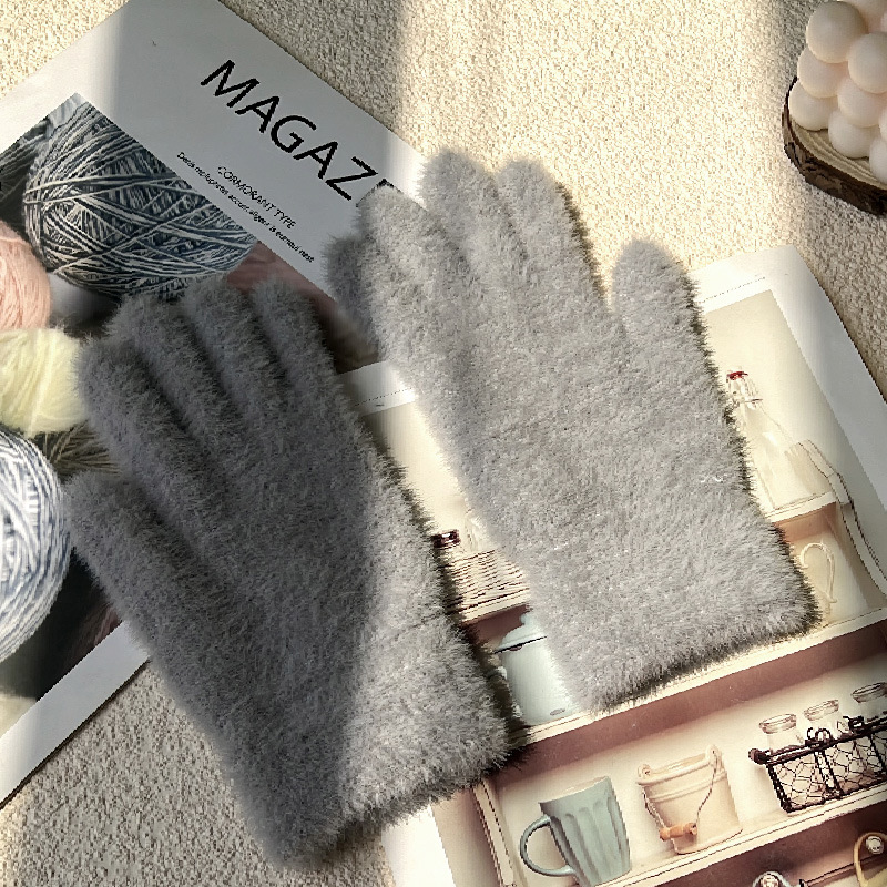 Women's Winter Warm Knitted Gloves for Students, Cycling, Fingerless, Solid Color, Imitation Rabbit Fur, Touchscreen