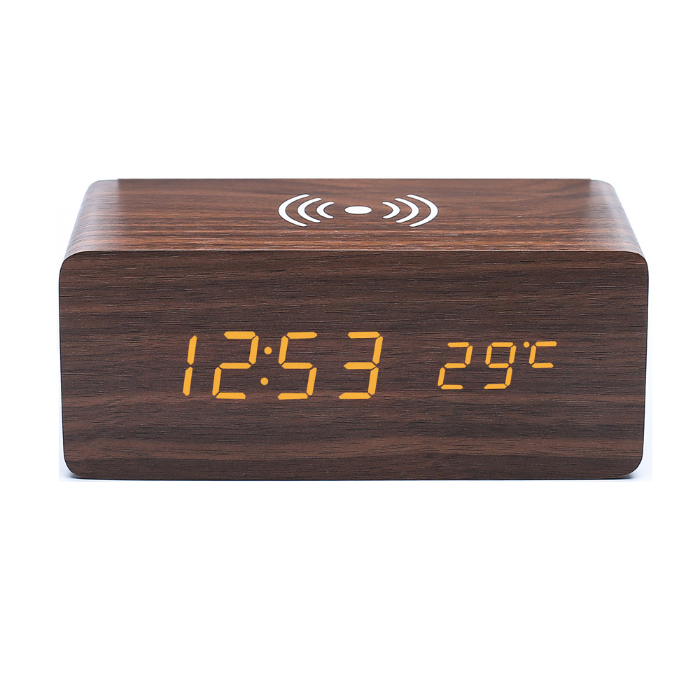 Smart LED wooden clock digital electronic alarm clock, charging clock bedside wireless charging digital wooden clock