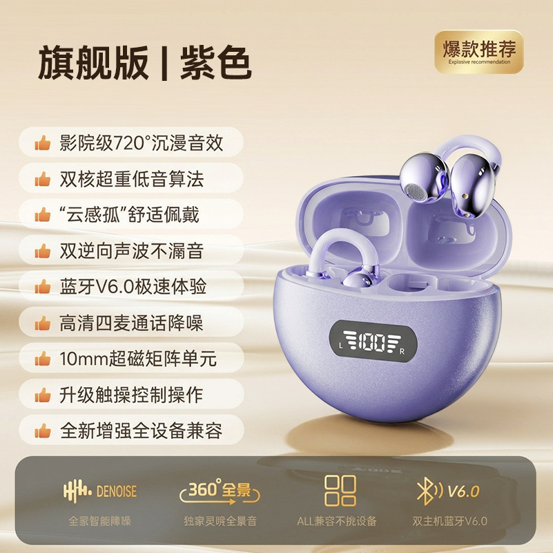 B50 Digital Display Clip-on Wireless Bluetooth Earbuds Open Ear High Sound Quality Bone Conduction Listen to Music Sports