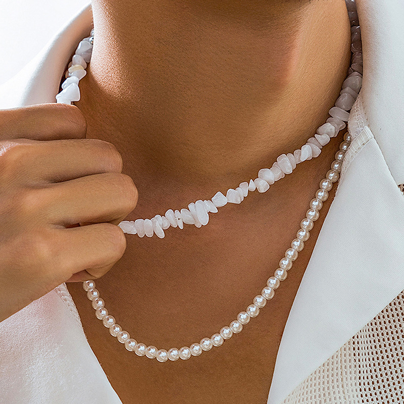 Rongshang Crushed Stone Imitation Pearl Necklace for Men Hip-Hop Beaded Clavicle Chain Accessory