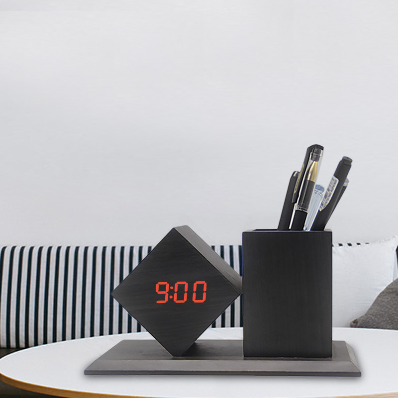 New Wooden Clock LED Smart Alarm Clock Home Office Desktop Pen Holder Wooden Clock Smart Electronic Clock