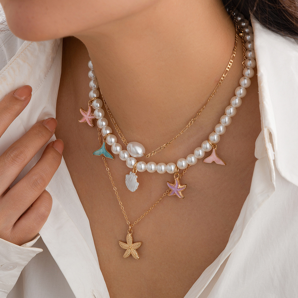 Cross Multi-Layer Pearl Necklace Shell Starfish Pendant Choker Layered Neck Chain Chain