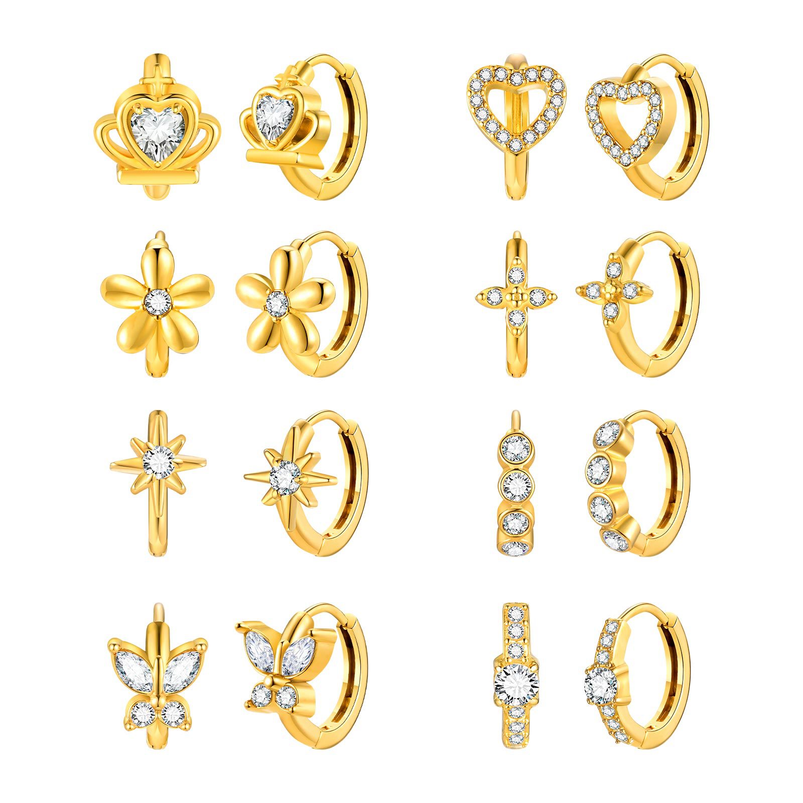 Women's Stainless Steel Imitation Czech Stone Eight-Pointed Star Earring Gold Heart Butterfly Ear Stud Earring Huanmu Accessories