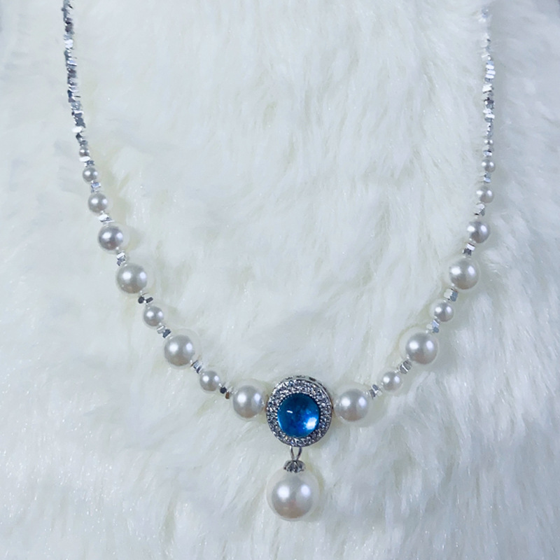 Aquamarine Pearl Necklace for Women, Teardrop Pendant Necklace for Women, Spring Summer Neck Accessories