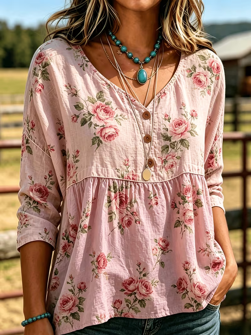 2026 Independent Station Summer Women's Button Ethnic Floral Print Three-Quarter Sleeve Shirt