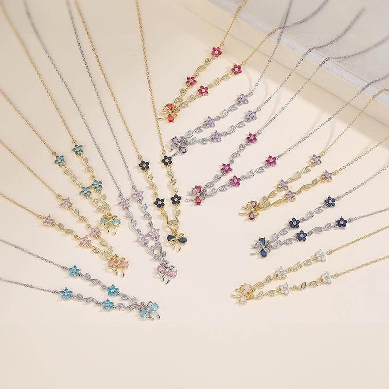 Copper Inlaid Colorful Diamond Branch and Five-Petal Flower Bracelet, Necklace, Earrings, and Bowknot Flower Set
