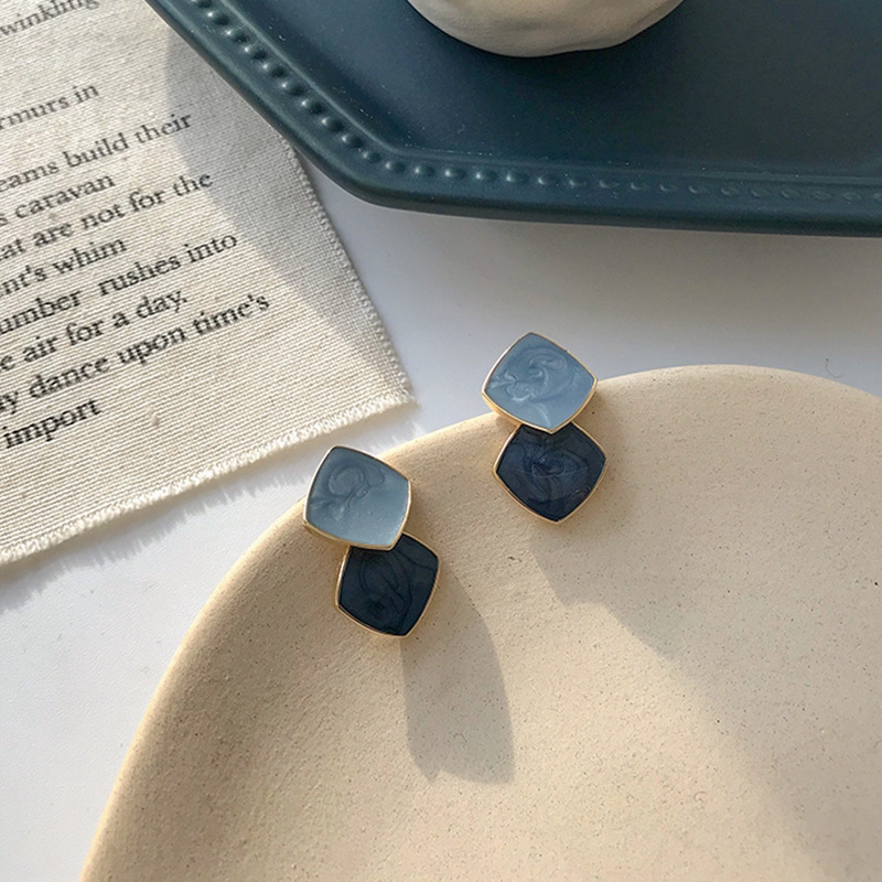S925 silver needle geometric square drop oil women earrings ear accessories live ear studs