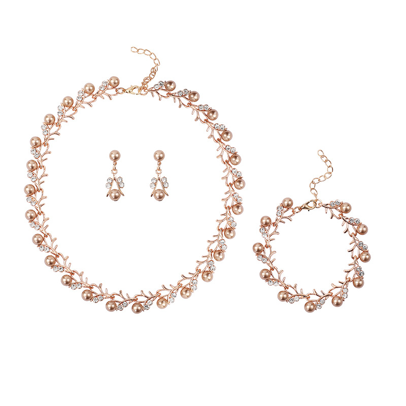 Pearl Necklace Earring Set Bride Dress Accessories Fresh Alloy Electroplated Three-Piece