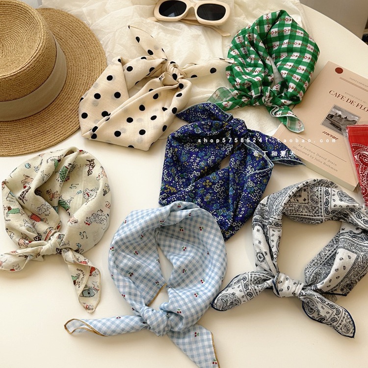 Self-retained soft square scarf with floral and polka dot cotton-linen decorative headscarf, fresh waist scarf