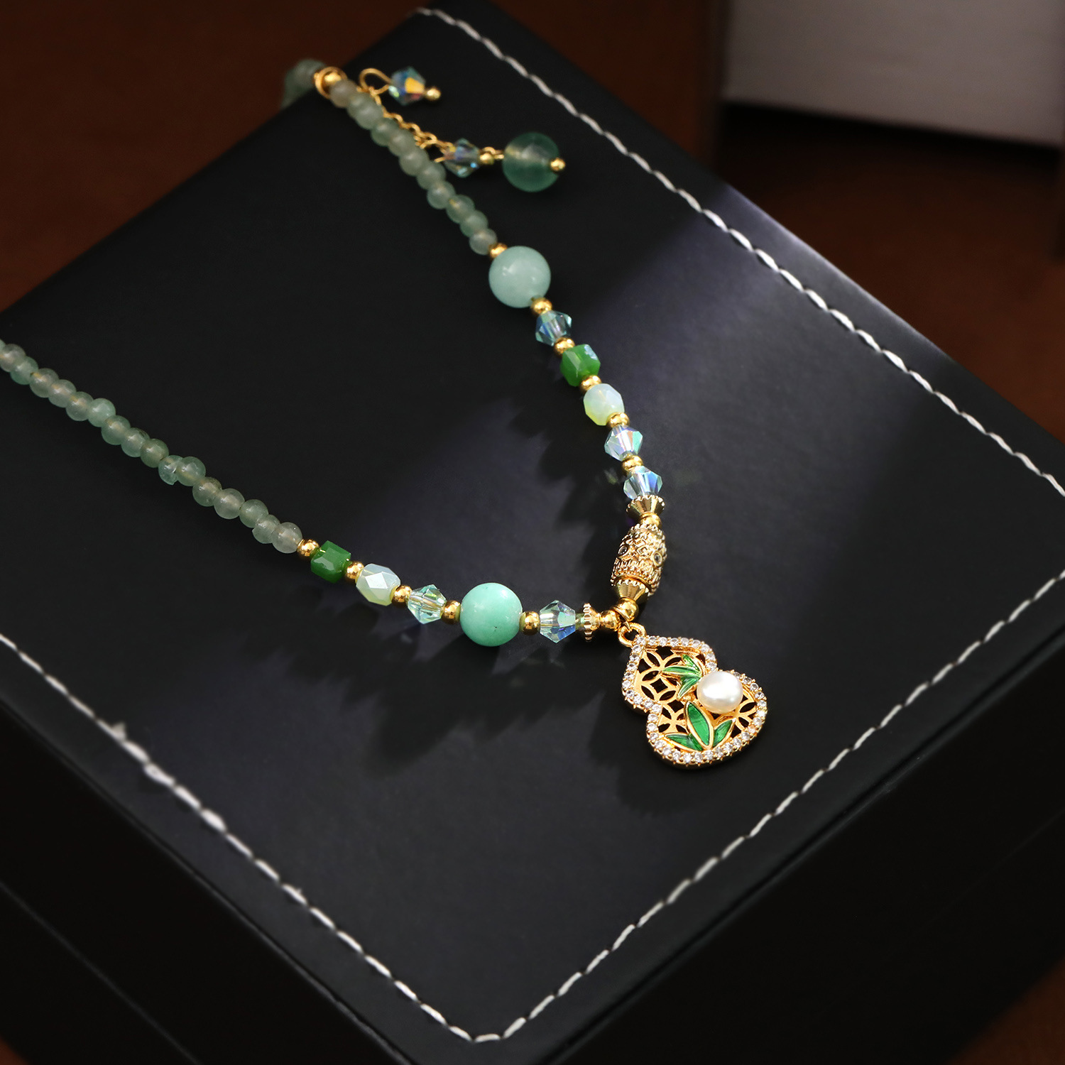 New Chinese Style Gourd Jade Beaded Necklace Women National Style Collarbone Chain Accessories