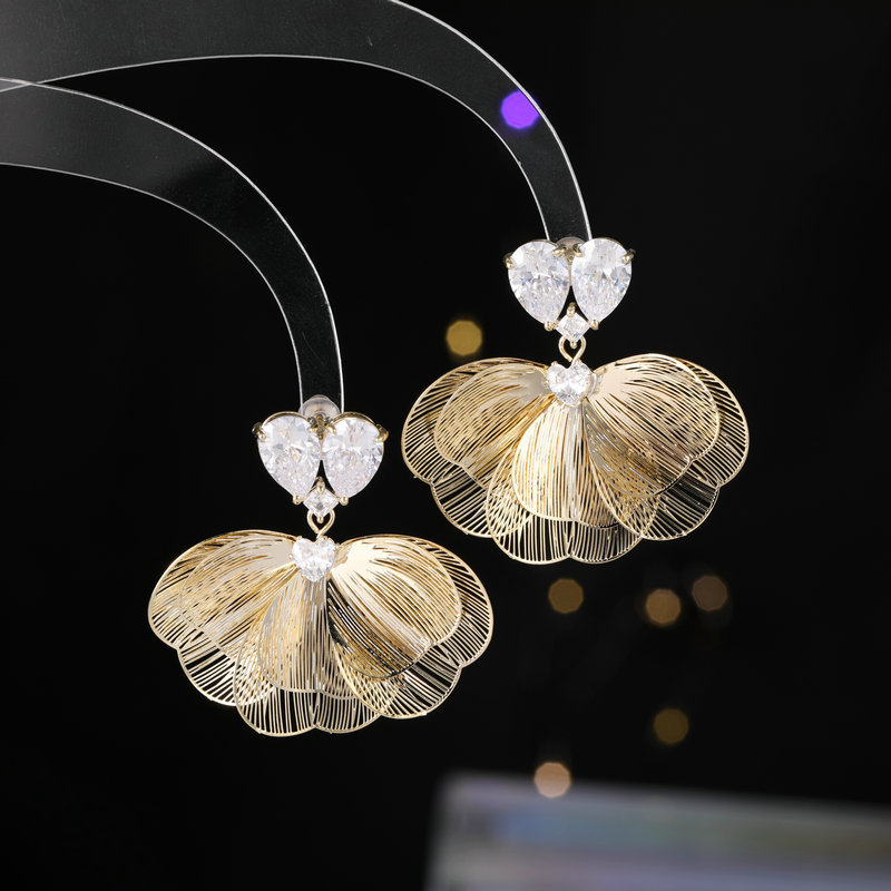 s925 Silver Needle Super Fairy Wire-Drawn Large Petal Zircon Earrings Back-Hanging Earrings