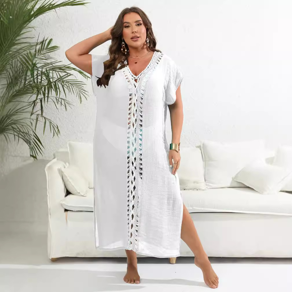 Vacation Beach Cover-Up Plus Size Women's Hand-Crocheted Contrast Color Deep V Split Dress 200250