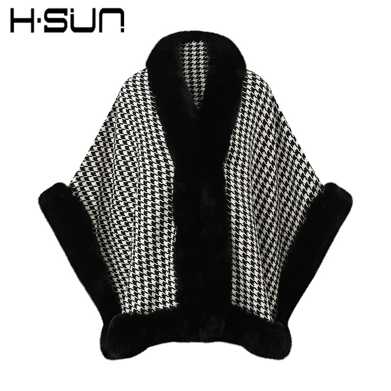 Mid-Length Fur Collar Imitation Rabbit Fur Large Fur Collar Houndstooth Shawl Scarf Poncho Cape Shoulder Cape
