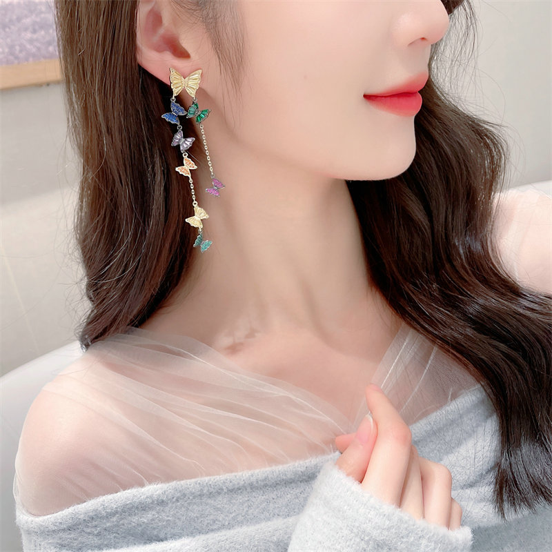 s925 Silver Needle Super Fairy Zircon Inlaid Face-Shaping Earrings Long Tassel Flying Butterfly Earrings
