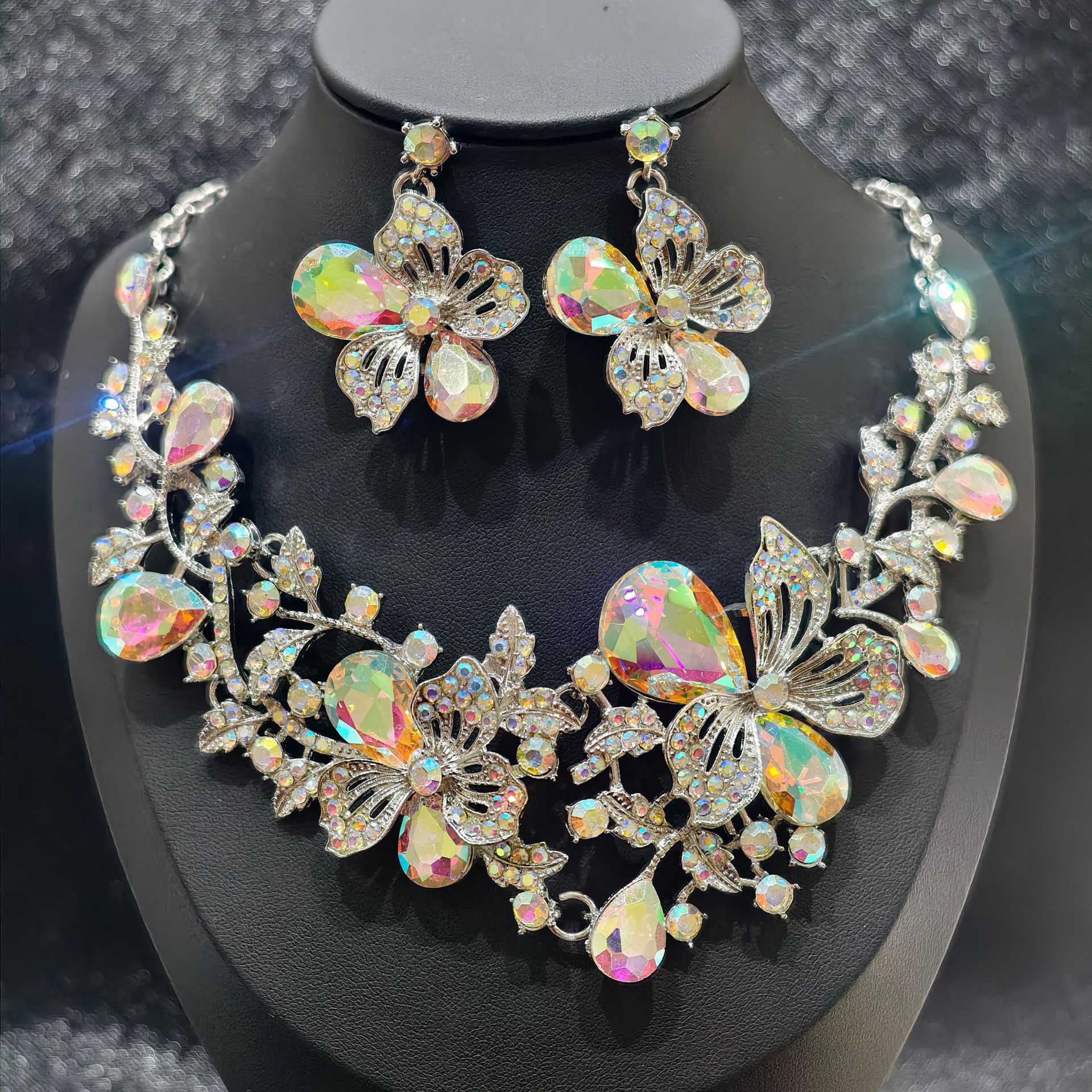 Exaggerated Necklace Earring Set Women Alloy Chain Flower Bride Accessories
