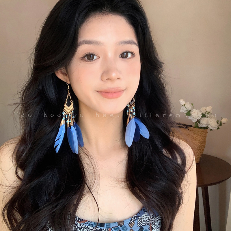 Bohemian Style Blue Feather Tassel Earrings Women Exotic Ethnic Style Earrings Exaggerated Long Ear Accessories