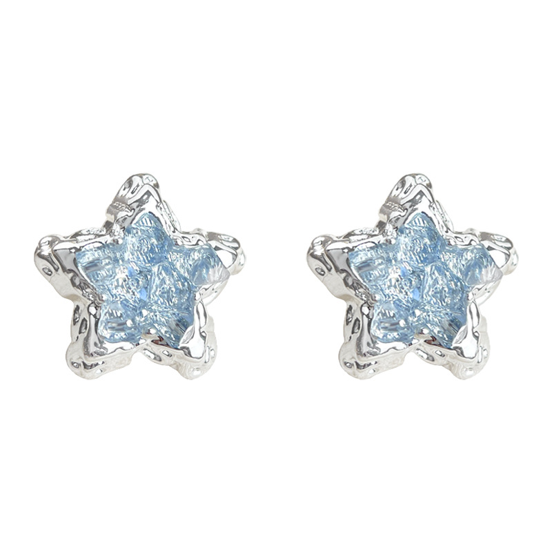 Blue ice crystal~Fresh and sweet five-pointed star silver-plated needle liquid earrings for women, elegant summer earrings