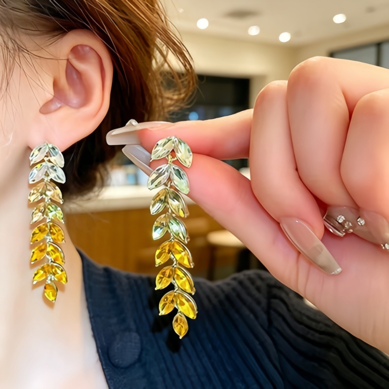 Gradient rhinestone leaf necklace earrings long tassel ear drop niche commuting new