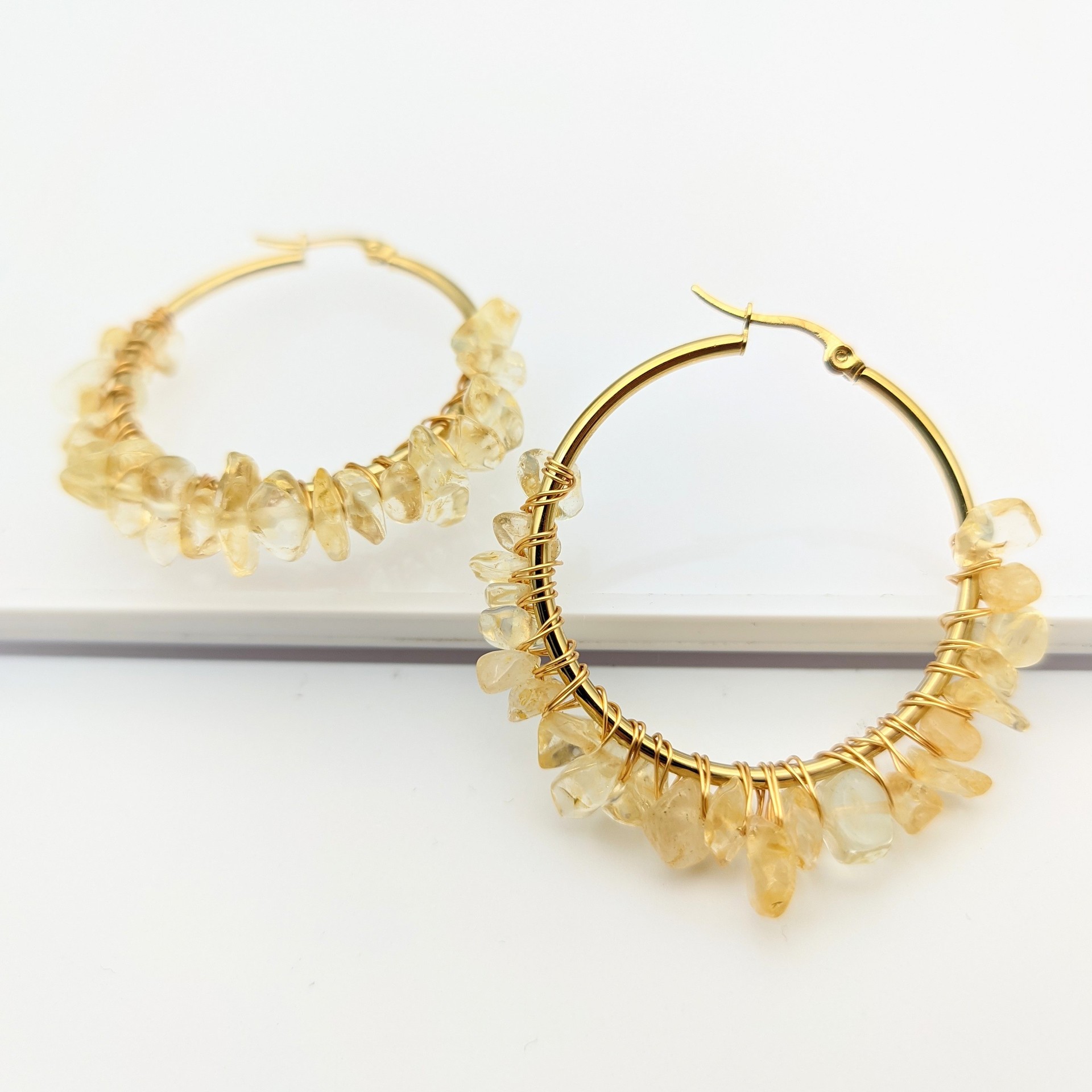 Large Circle Natural Crystal Raw Stone Earrings Hand-wrapped Green Donglin Stone Women's Commute Stainless Steel Earrings