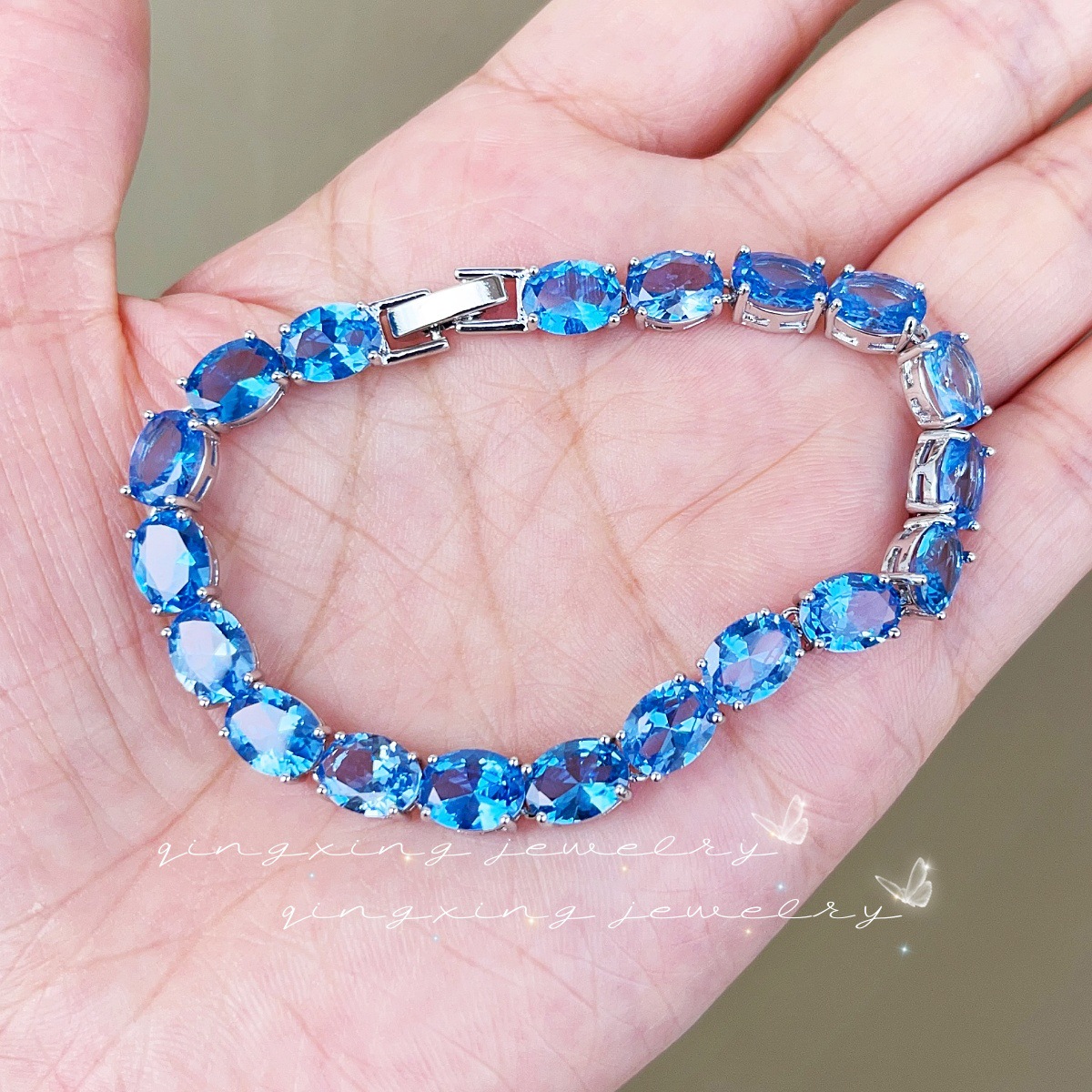 Light Sea Blue Spinel Tennis Bracelet Gradient Sea Blue Simulated Blue Topaz Simple Women's Hand Jewelry