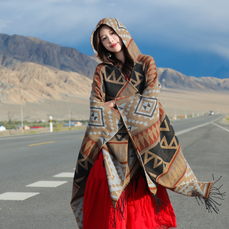 Sichuan Tibet Bohemian Photo Knit Shawl Scenic Area Hooded Scarf Cape Yunnan Cape Shawl Women