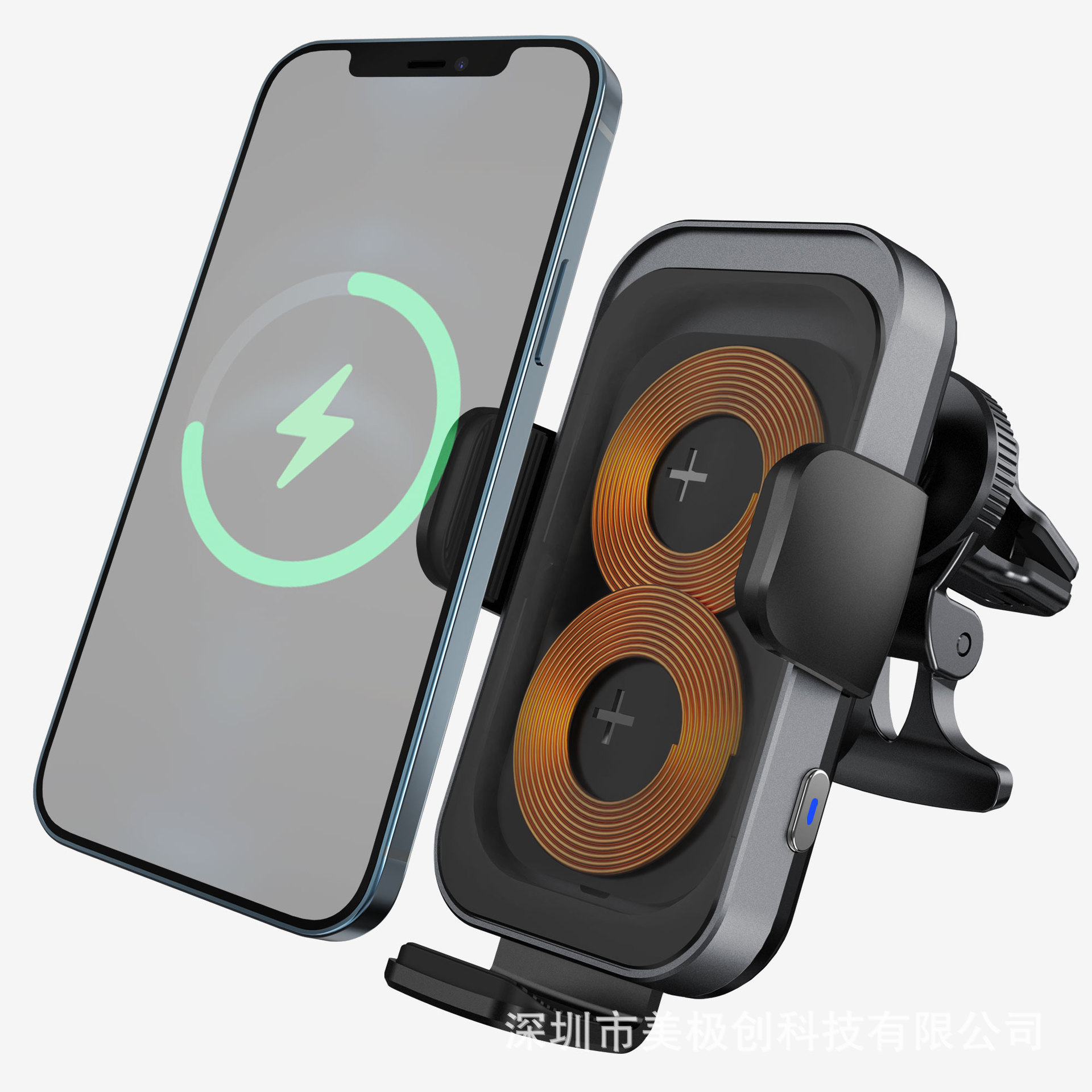 Patent private mold wireless car charger 15W Qi KC certified fast charging car mount dual coil