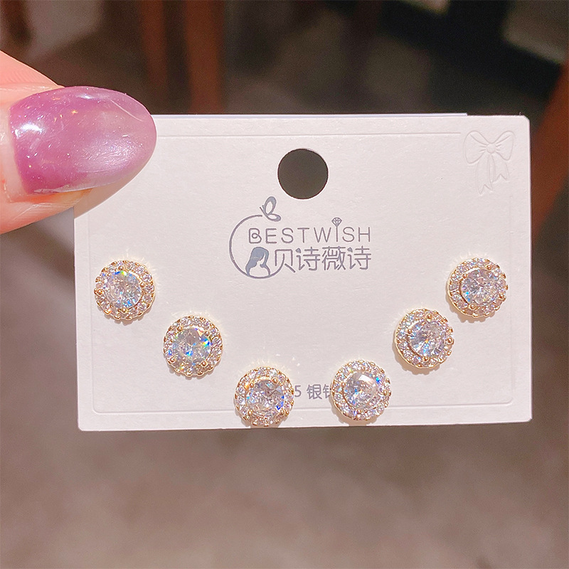 High-quality S925 silver needle zircon 6-piece set small earrings, women's simple three pairs of earrings