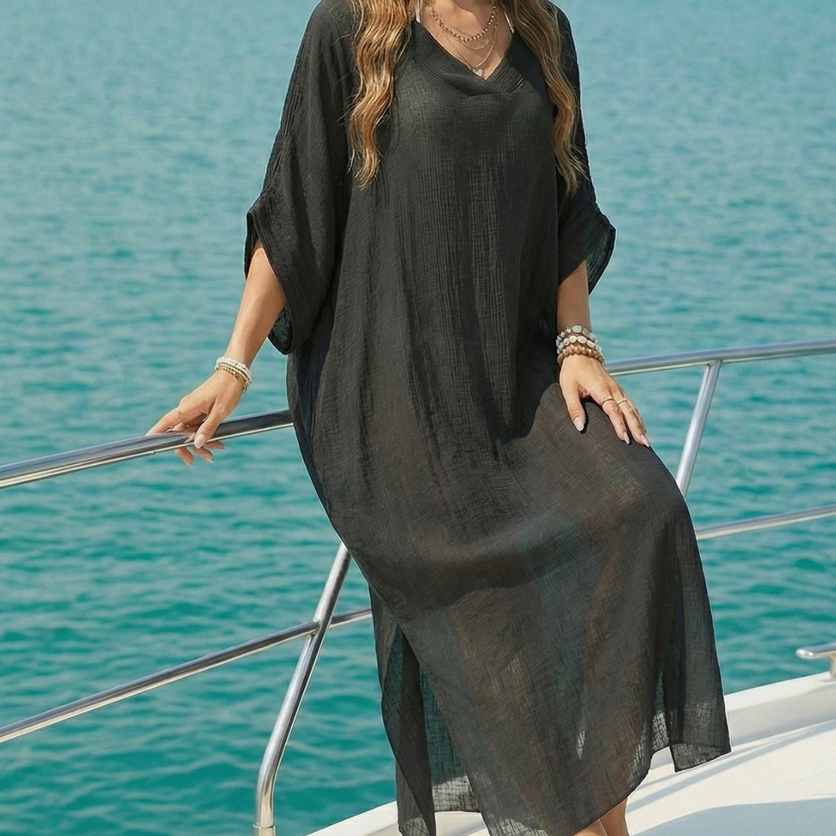 Women's Beach Cover-Up Summer New V-Neck Loose Casual Dress Split Floor-Length Dress Women