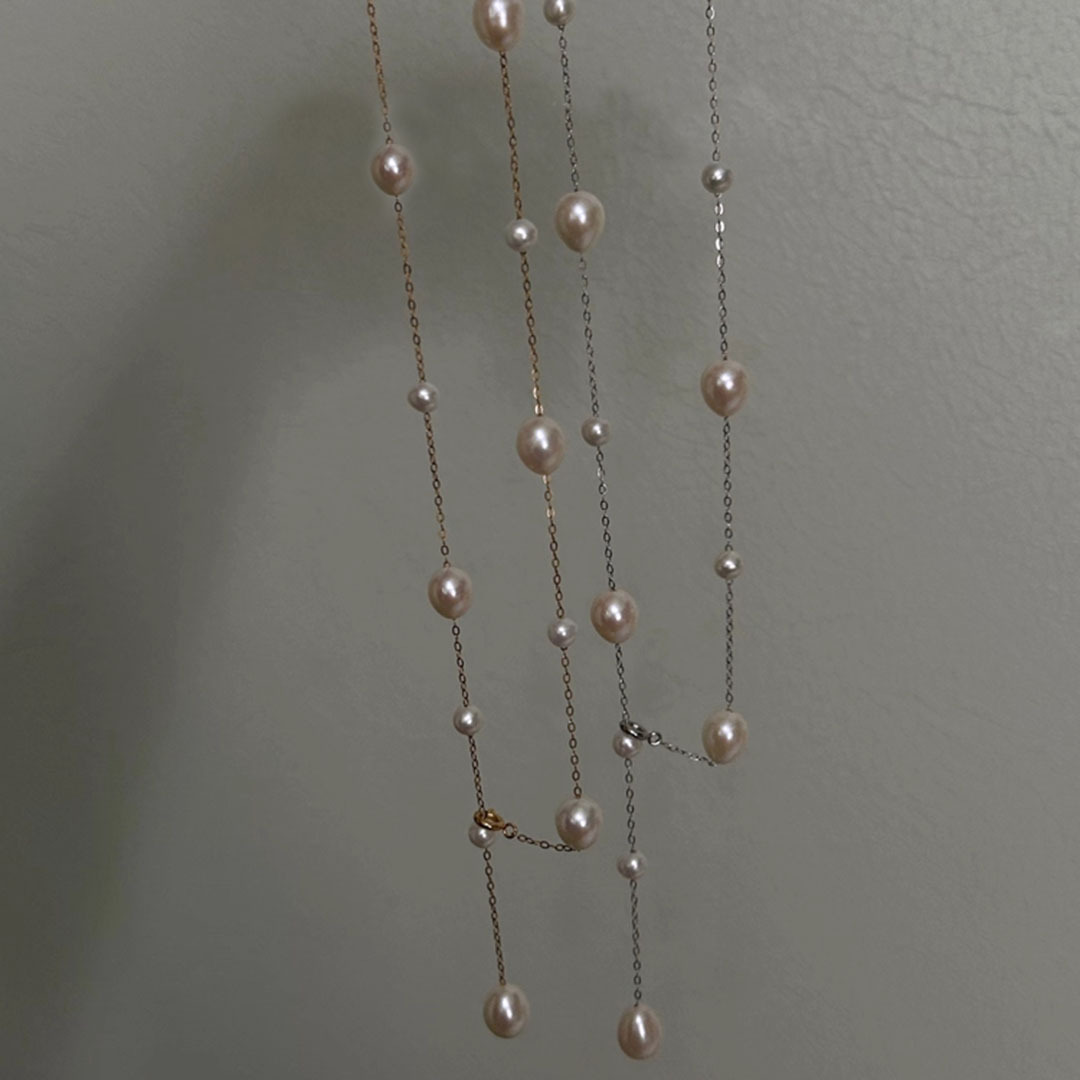 Natural Pearl Starry Sky Necklace Women Staggered Size Beads Spaced Pendant Sweater Chain