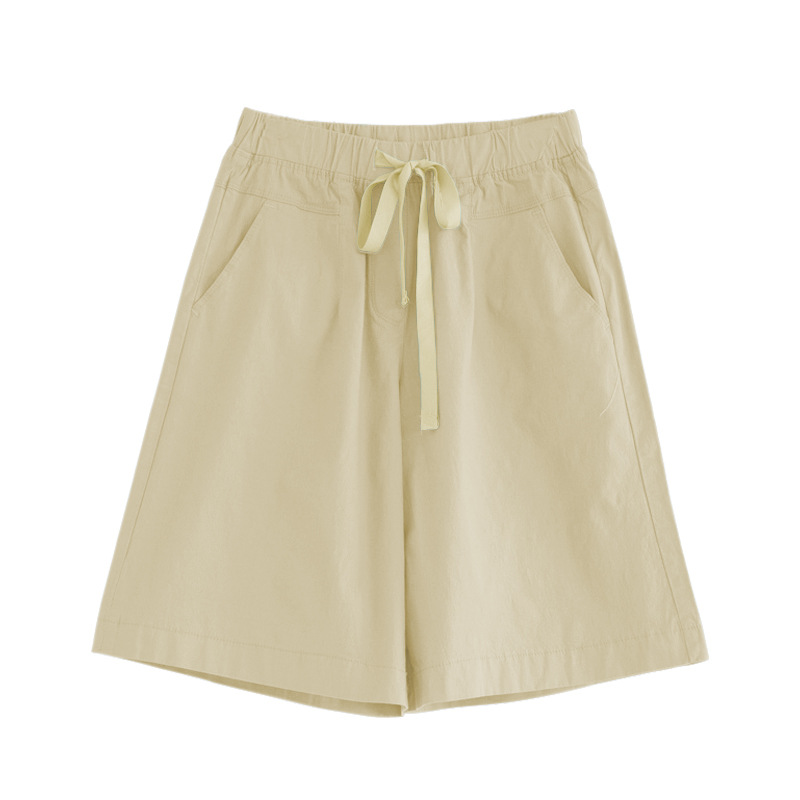Spring and summer women mid-waist wide-leg five-tenths casual pants cotton spandex mid-elastic commute 200 jin women