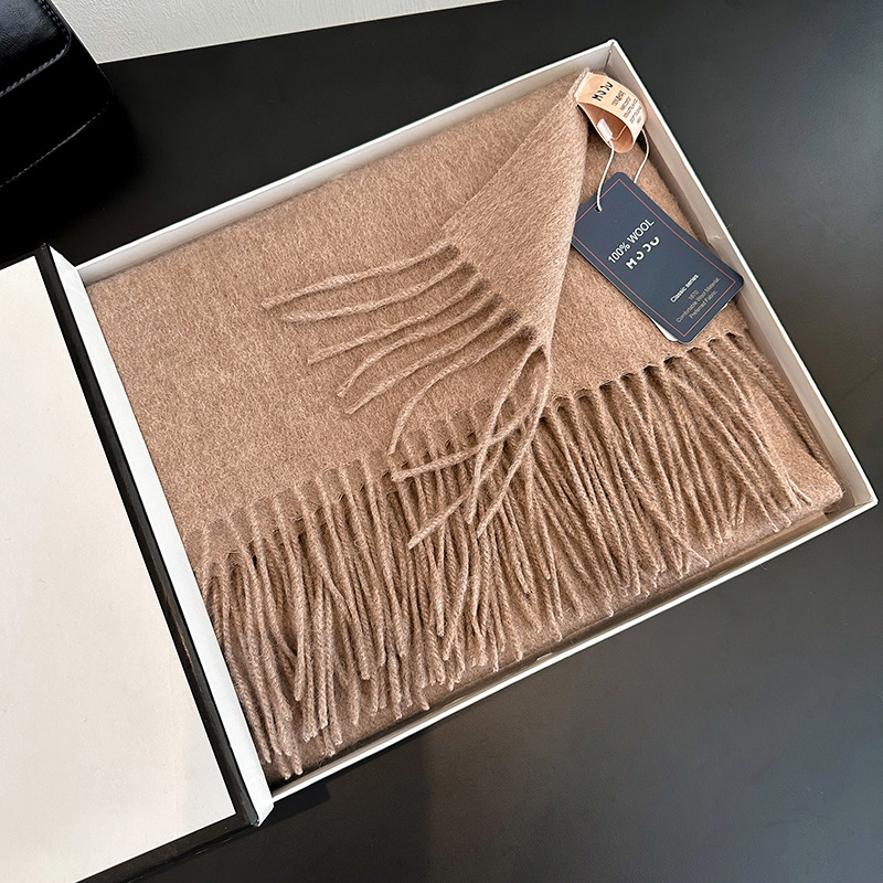 100% wool scarf women winter thick 2024 new camel color shawl birthday new year gift