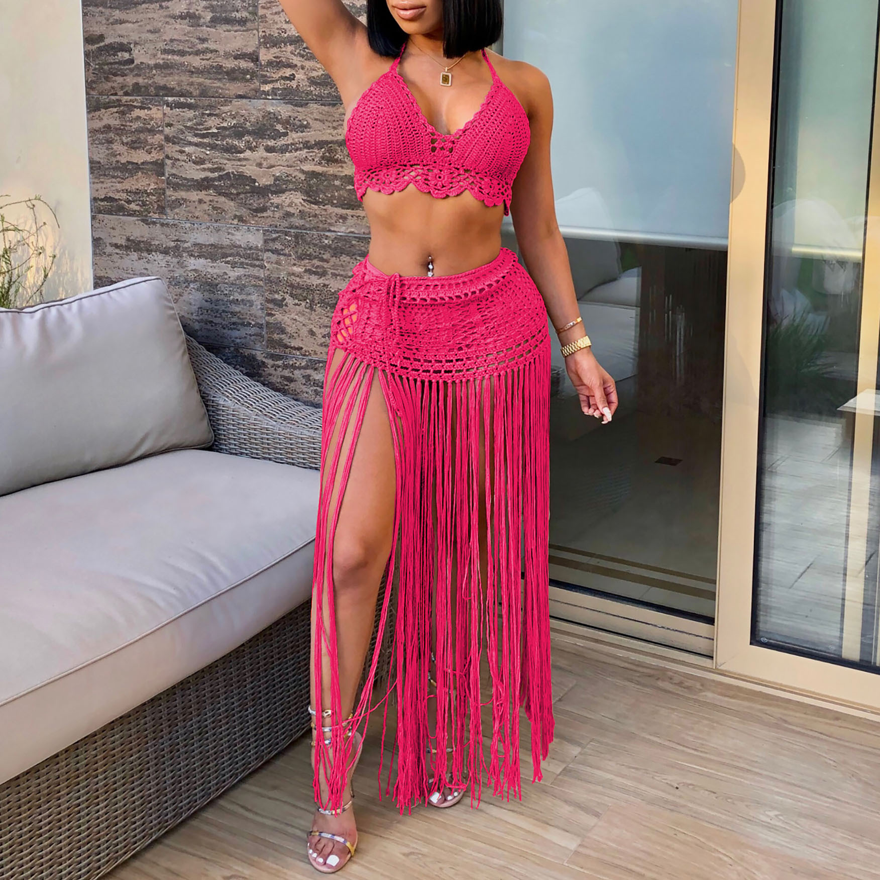 Women's Set Hand-Crocheted Beach Bikini Top Plus Long Tassel Skirt Two-Piece Set