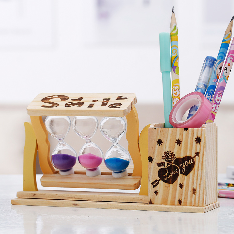 Three Flowing Sand Pen Holders Hourglass Wooden Pen Holder Combination Ornament Student Stationery Gift Stationery Store