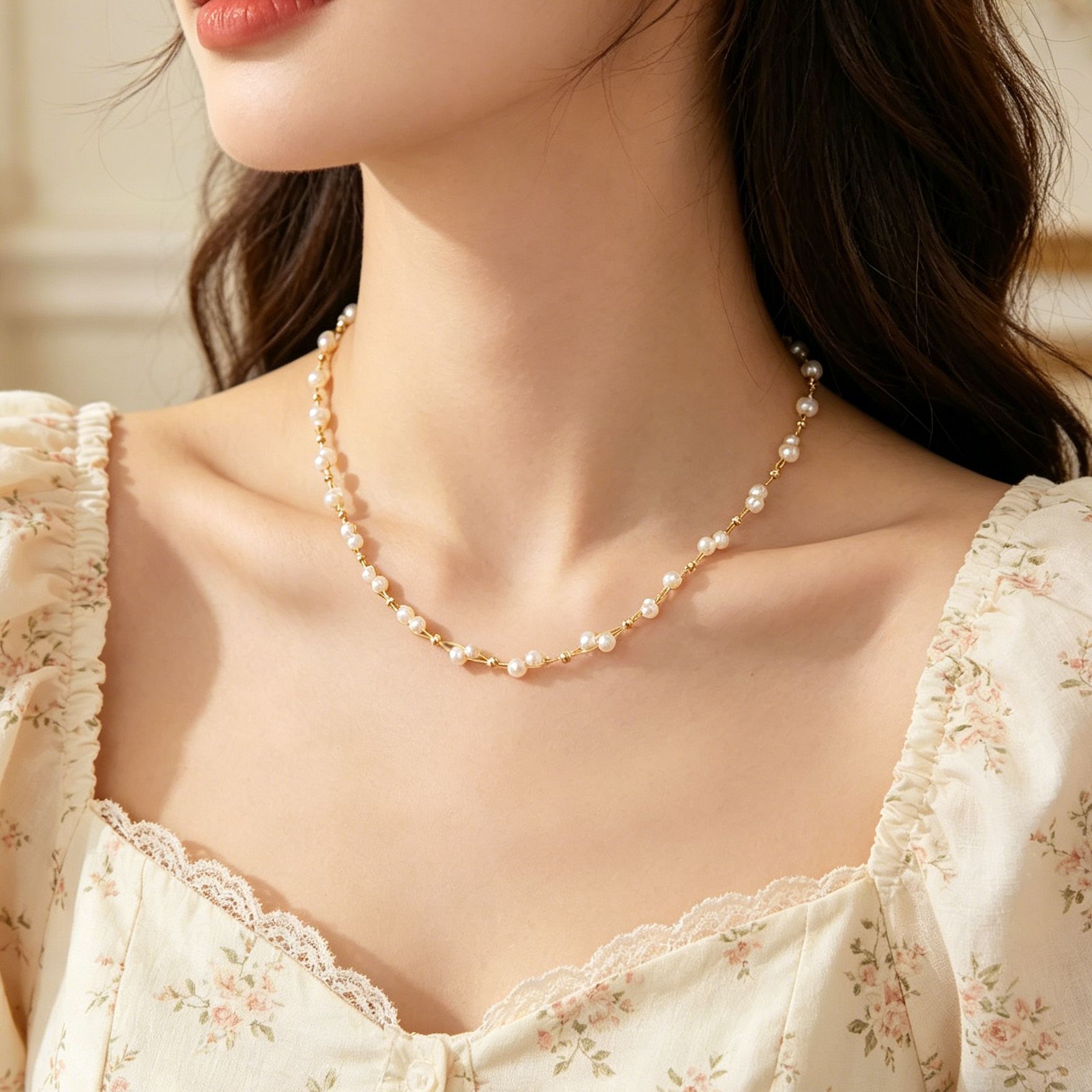 Double Layer Sweet Starburst Pearl Necklace Simple Women Collarbone Chain Spring Summer Travel Necklace