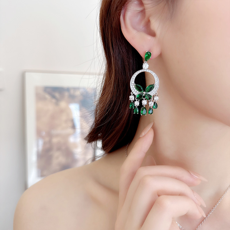 Micro-Inlaid Zircon Green Butterfly Tassel Heavy Craft Earrings s925 Silver Needle Dress Accessories