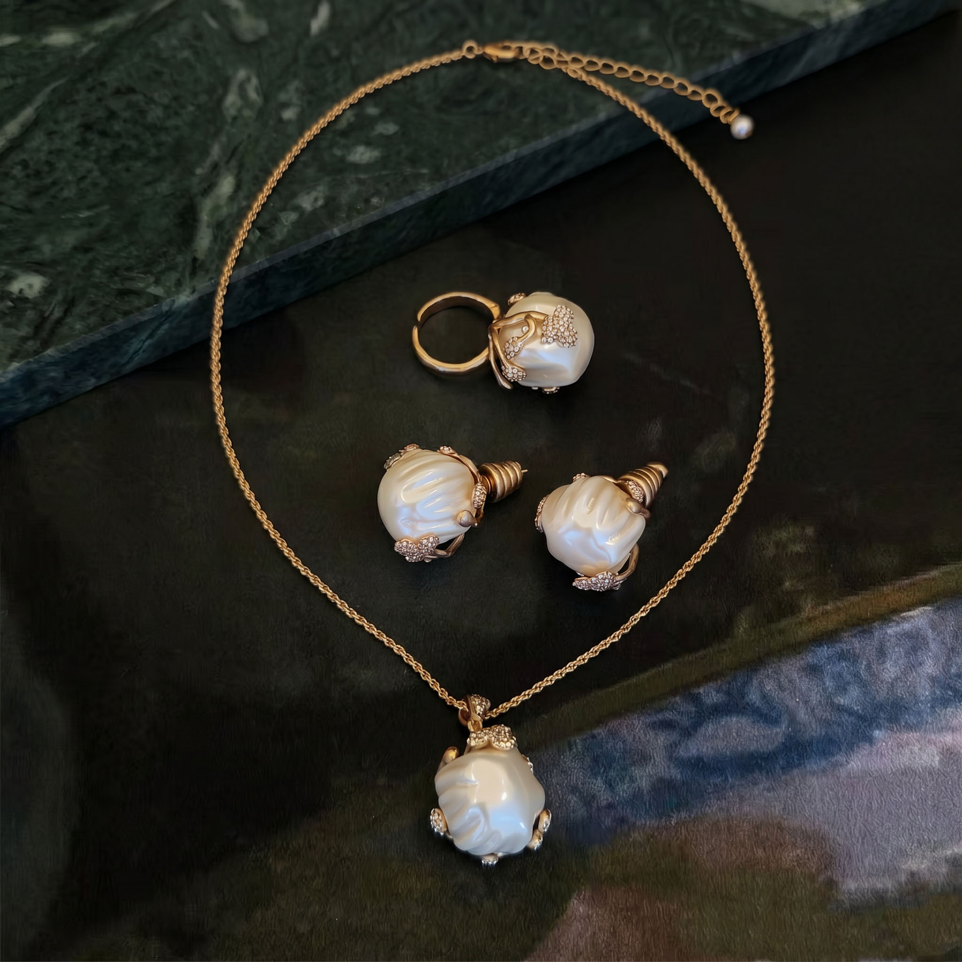 Brass inlaid baroque pearl bud earring ring set 2024 autumn winter baroque pearl