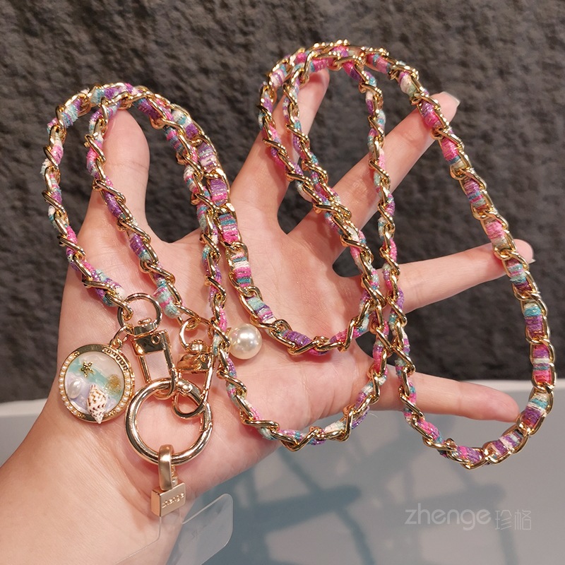 Crossbody phone strap long metal chain painted cloth strap women's outdoor anti-loss phone case bag chain
