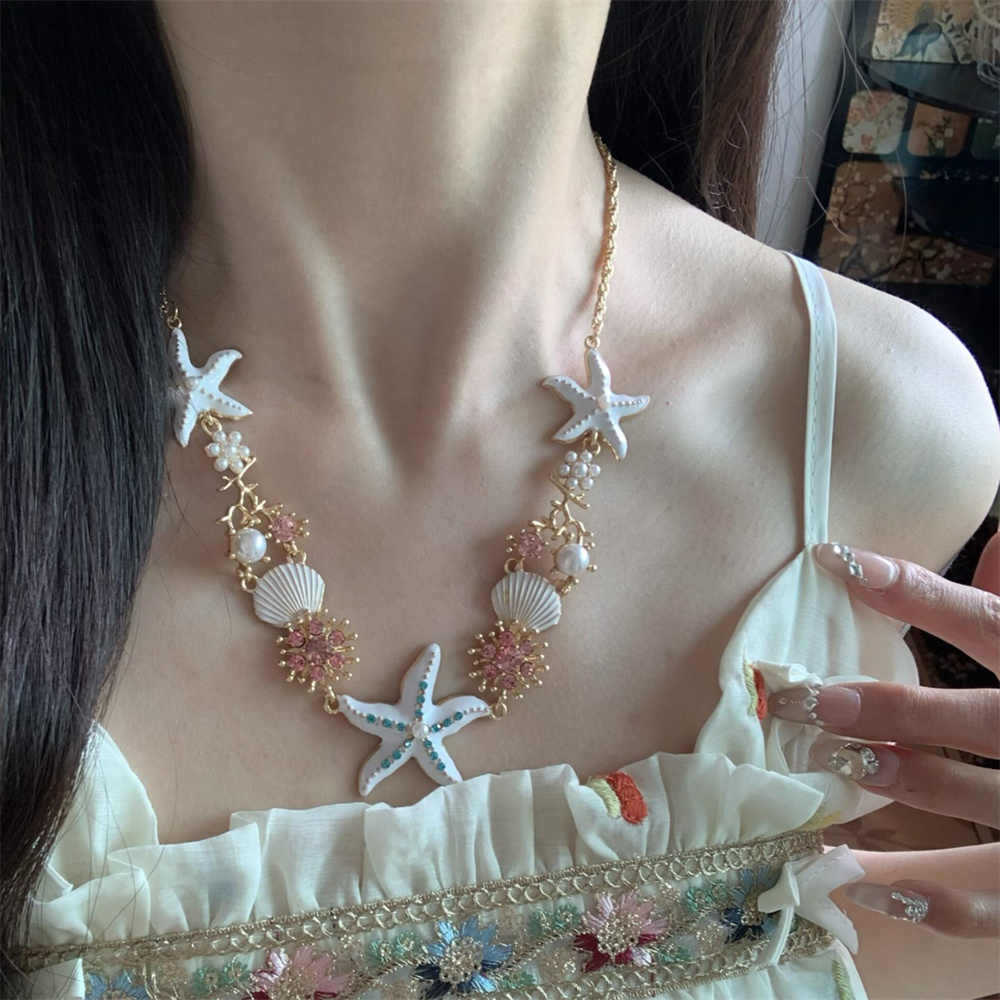 Hawaiian Style Starfish Shell Necklace Women Beach Vacation Style Neck Chain Photo Prop Accessories Collarbone Chain