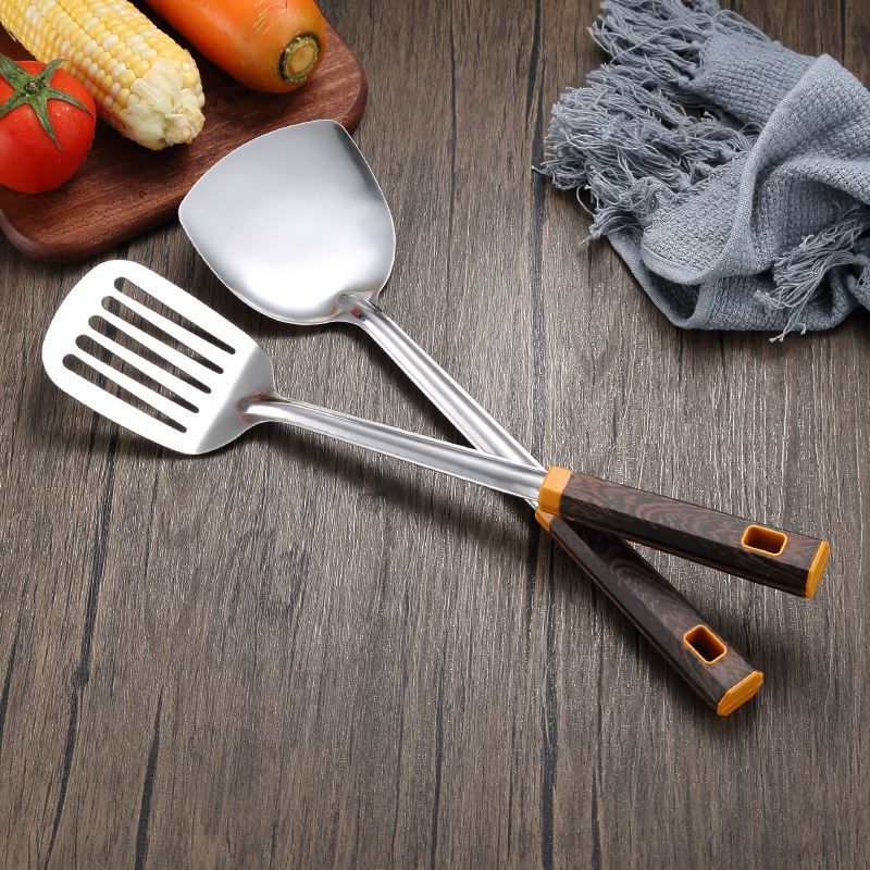 Stainless steel thickened wok spatula soup spoon home kitchen chef cooking anti-scald wok spatula wood grain handle set