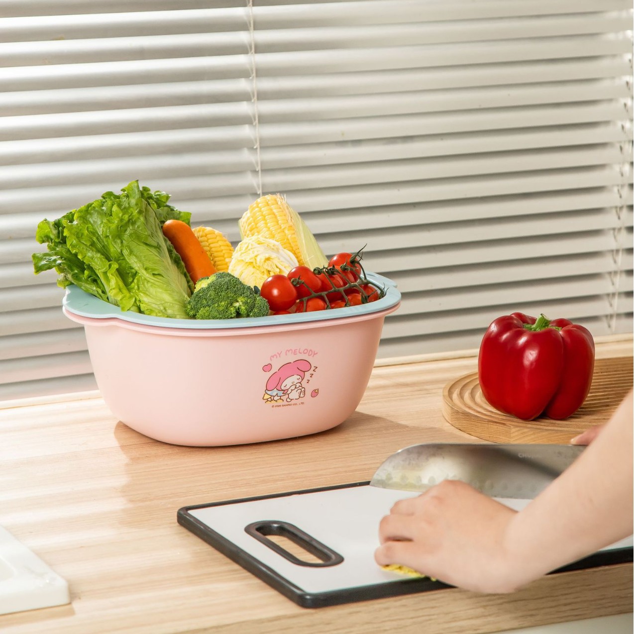 Sanrio Official Draining Basket Set Vegetable Washing Bowl Kitchen Dopamine Double-Layer Fruit Washing Basket Draining Bowl