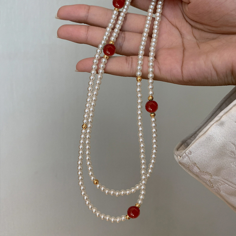 Chrysoprase multi-layer long pearl necklace women new Chinese style agate cheongsam accessory sweater chain neck chain