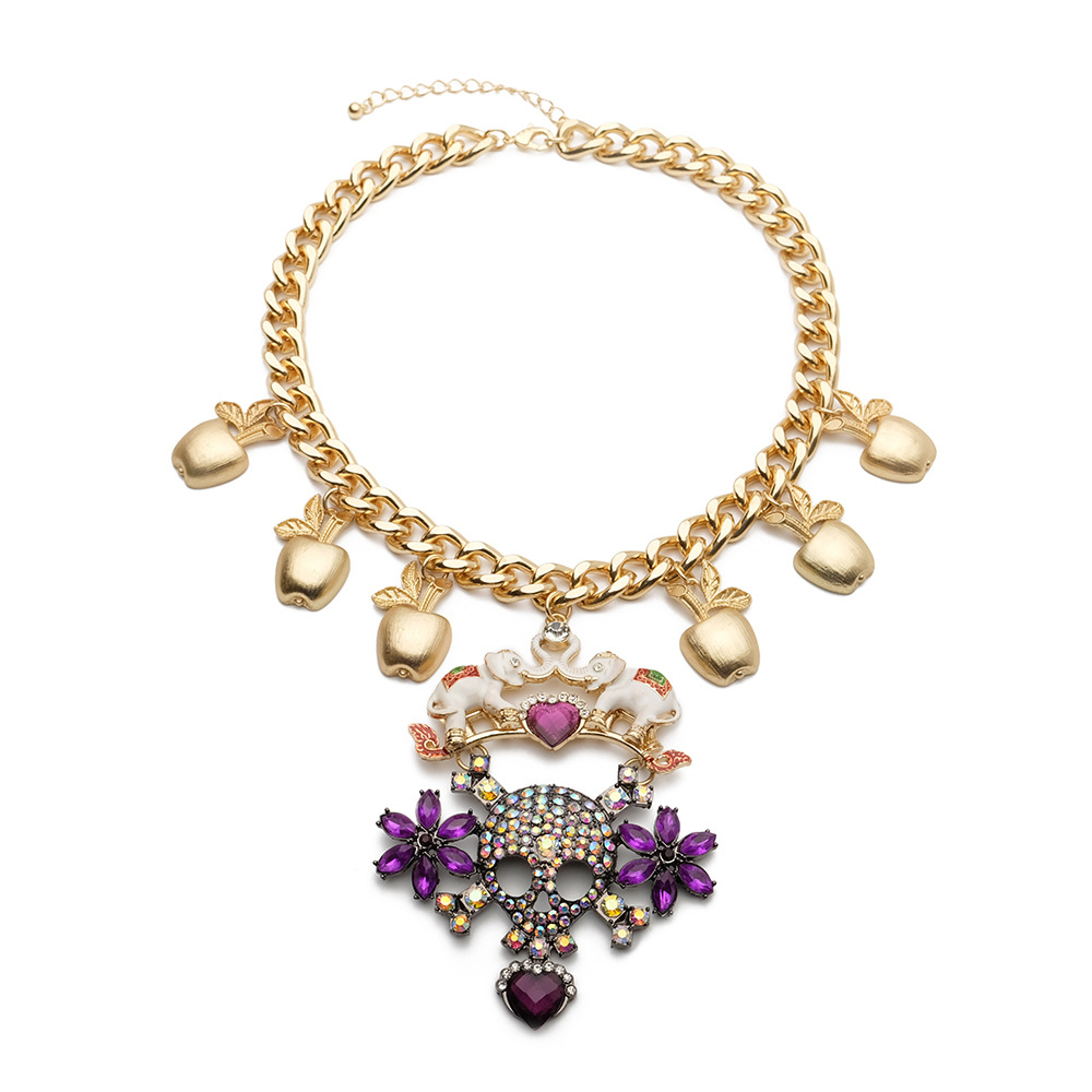 Retro Vintage Elephant Apple Floral Exaggerated Colored Diamond Punk Skull Necklace