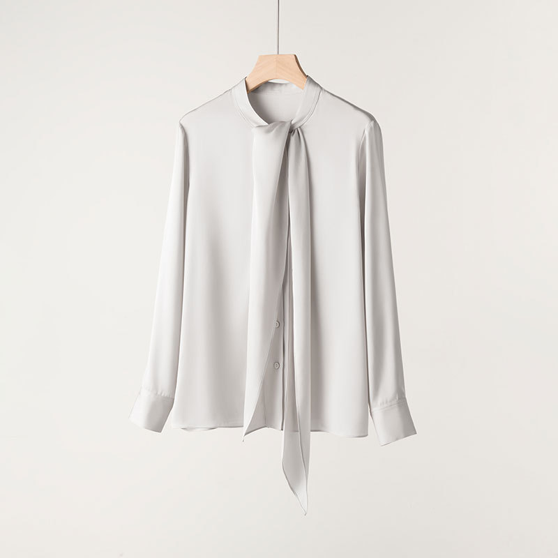 New Silk Blouse for Women Spring Long Sleeve Tie Mulberry Silk Shirt Mid-Length Solid Color Top