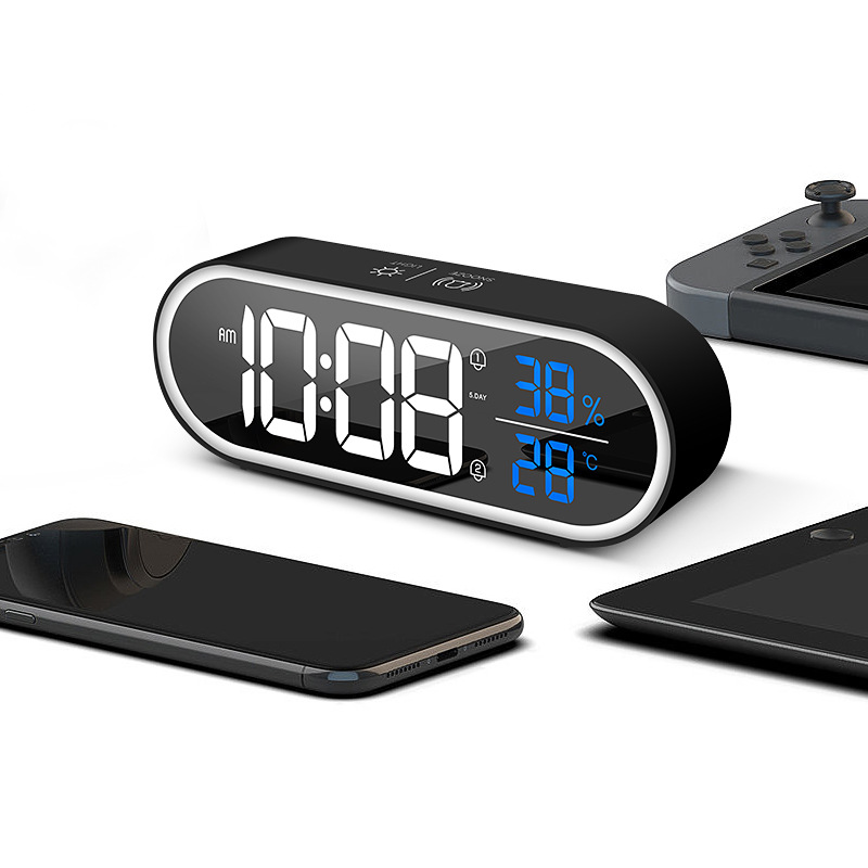 Mirror digital display alarm clock temperature and humidity meter luminous LED table clock smart music clock student dedicated alarm clock