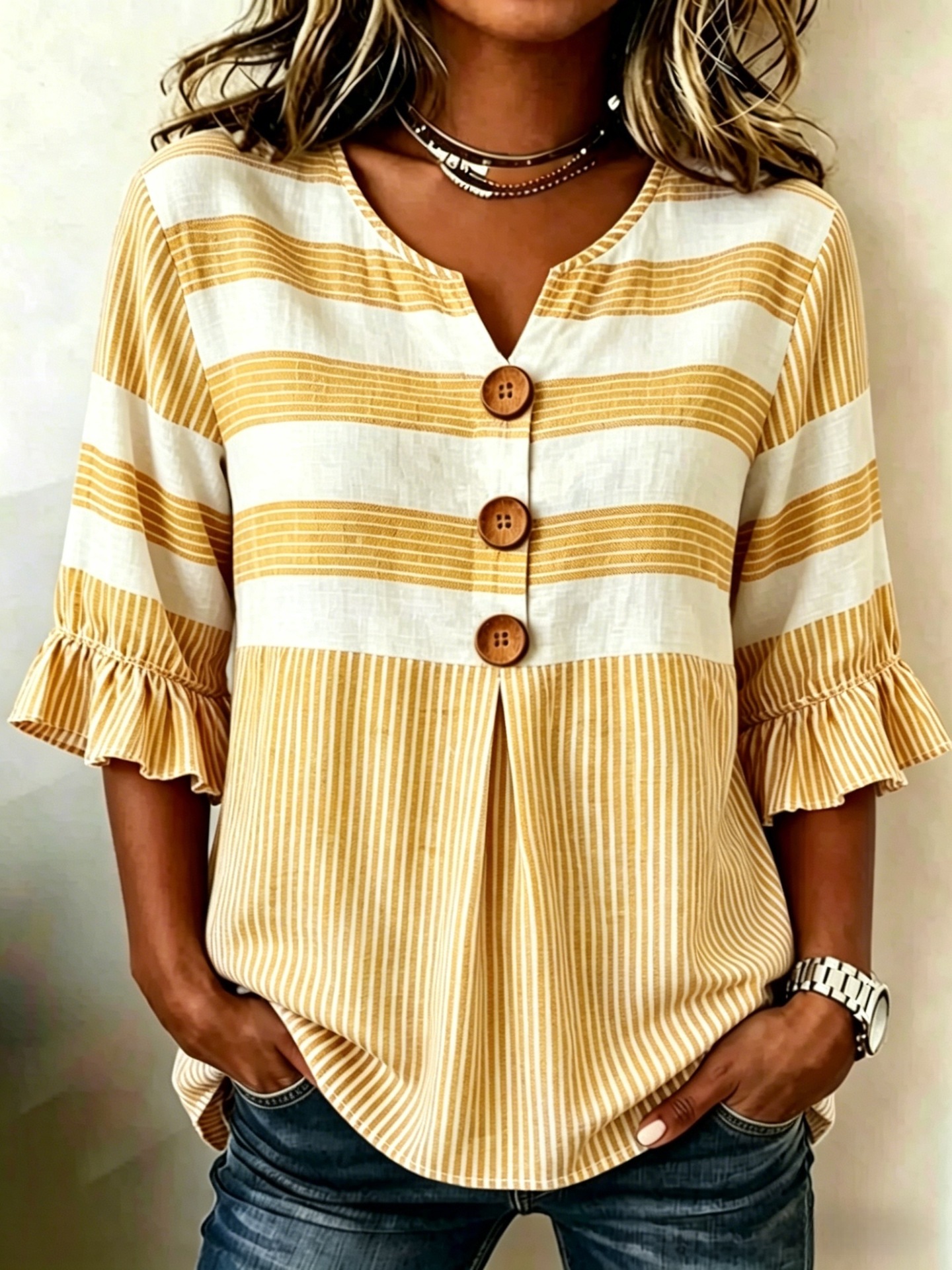 2026 Independent Station Summer New Plaid Striped Print Half Sleeve Button Top