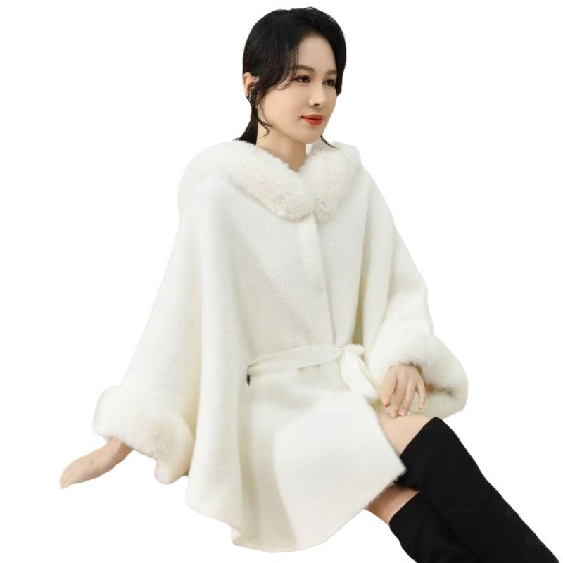 830# Autumn Winter Large Fur Collar Imitation Mink Hood Belt Shawl Knitted Cardigan Coat Cape