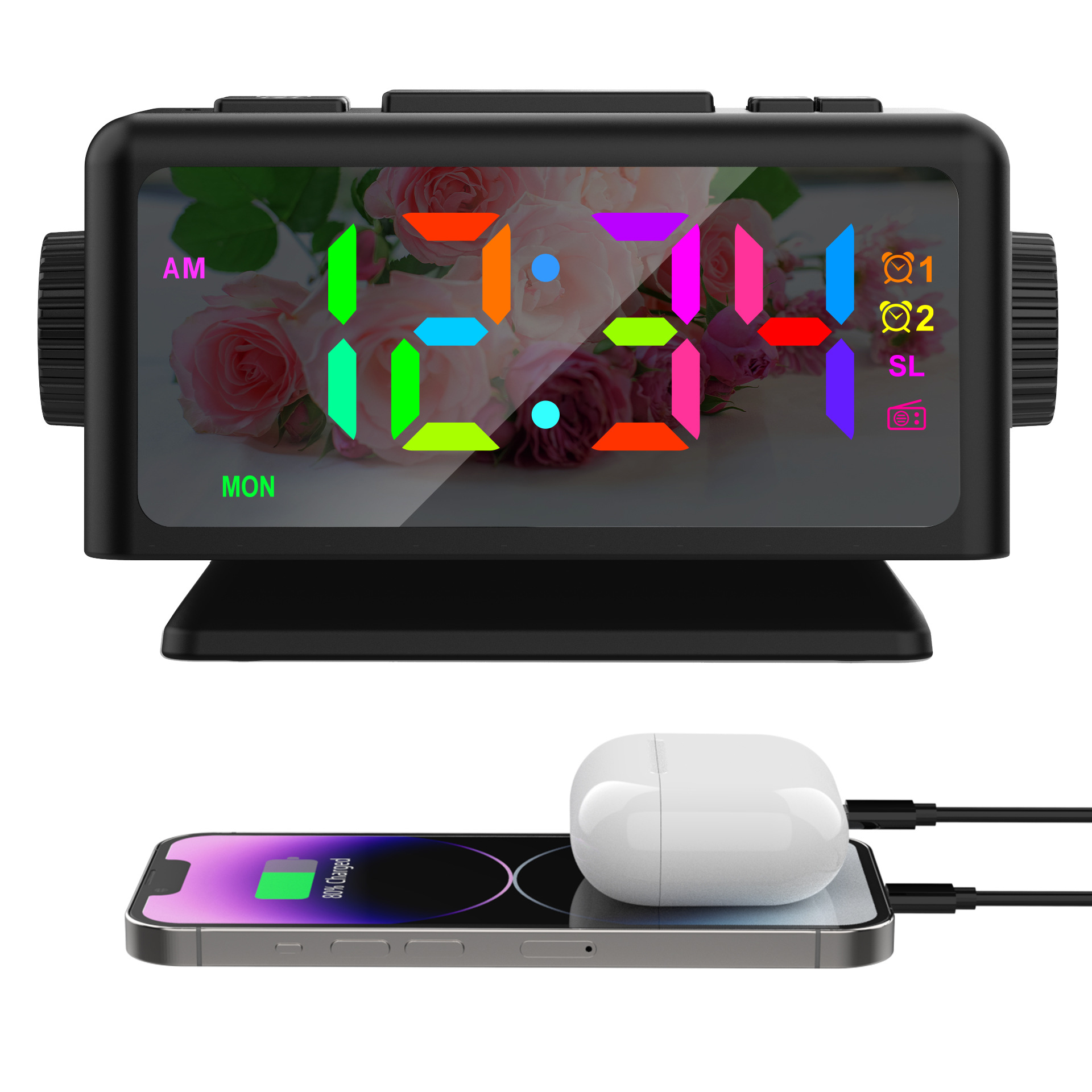 New Calendar Radio Alarm Clock RGB Colorful Mirror Large Screen Display Electronic Clock