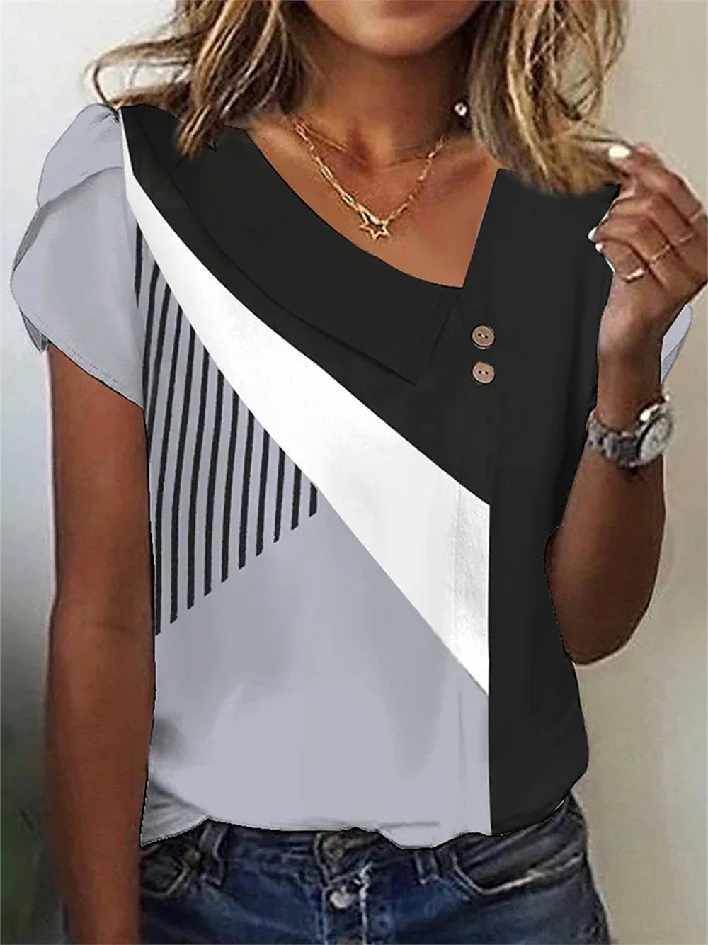 2026 New Summer V-Neck Printed Short Sleeve T-Shirt Women Loose Bubble Sleeve Casual Top