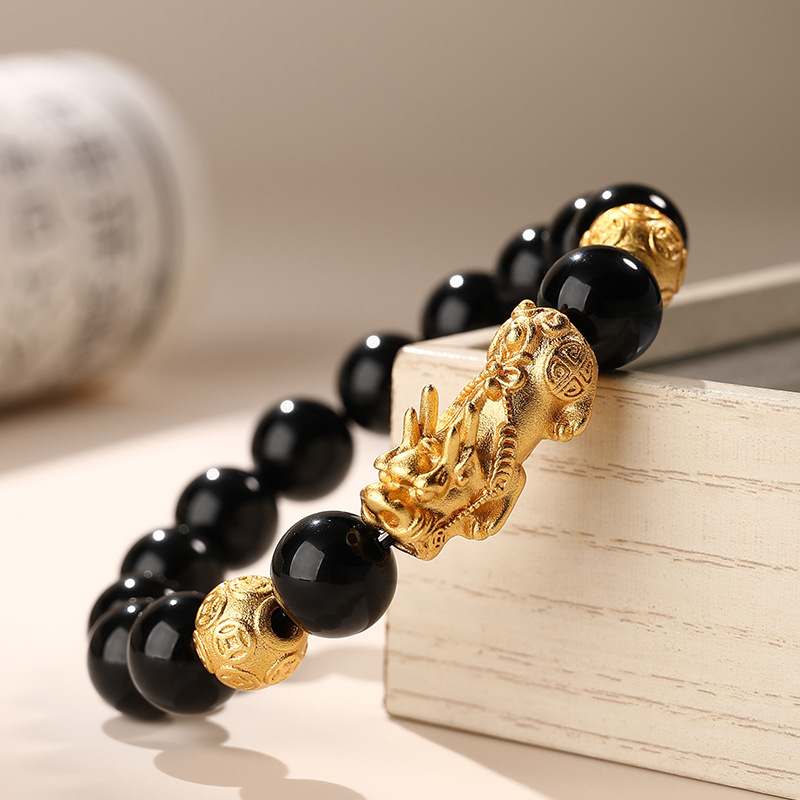 Natural Obsidian Sand Gold Pixiu Bracelet Money Beads Unisex Couple Bracelet Copper Plated Leather